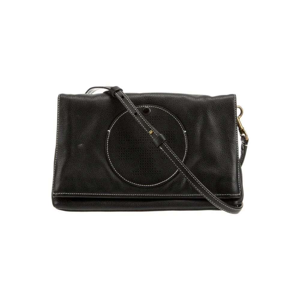 Tory Burch Perforated Logo Pebbled Leather Fold Over Magnetic Snap Crossbody